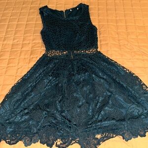 Green lace dress, sheer waistline